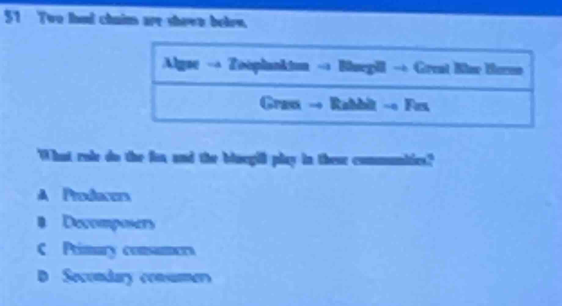 51 two food chains are shown below. algae → zooplankton → bluegill → gr…