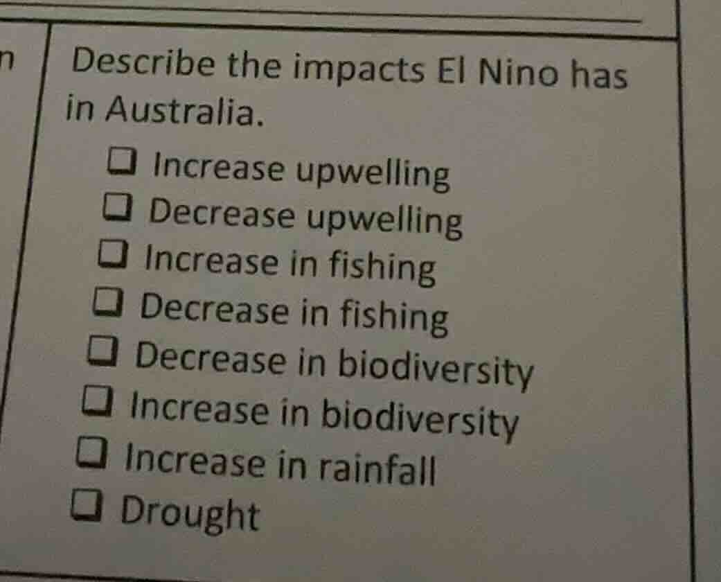 describe the impacts el nino has in australia. □ increase upwelling □ d…