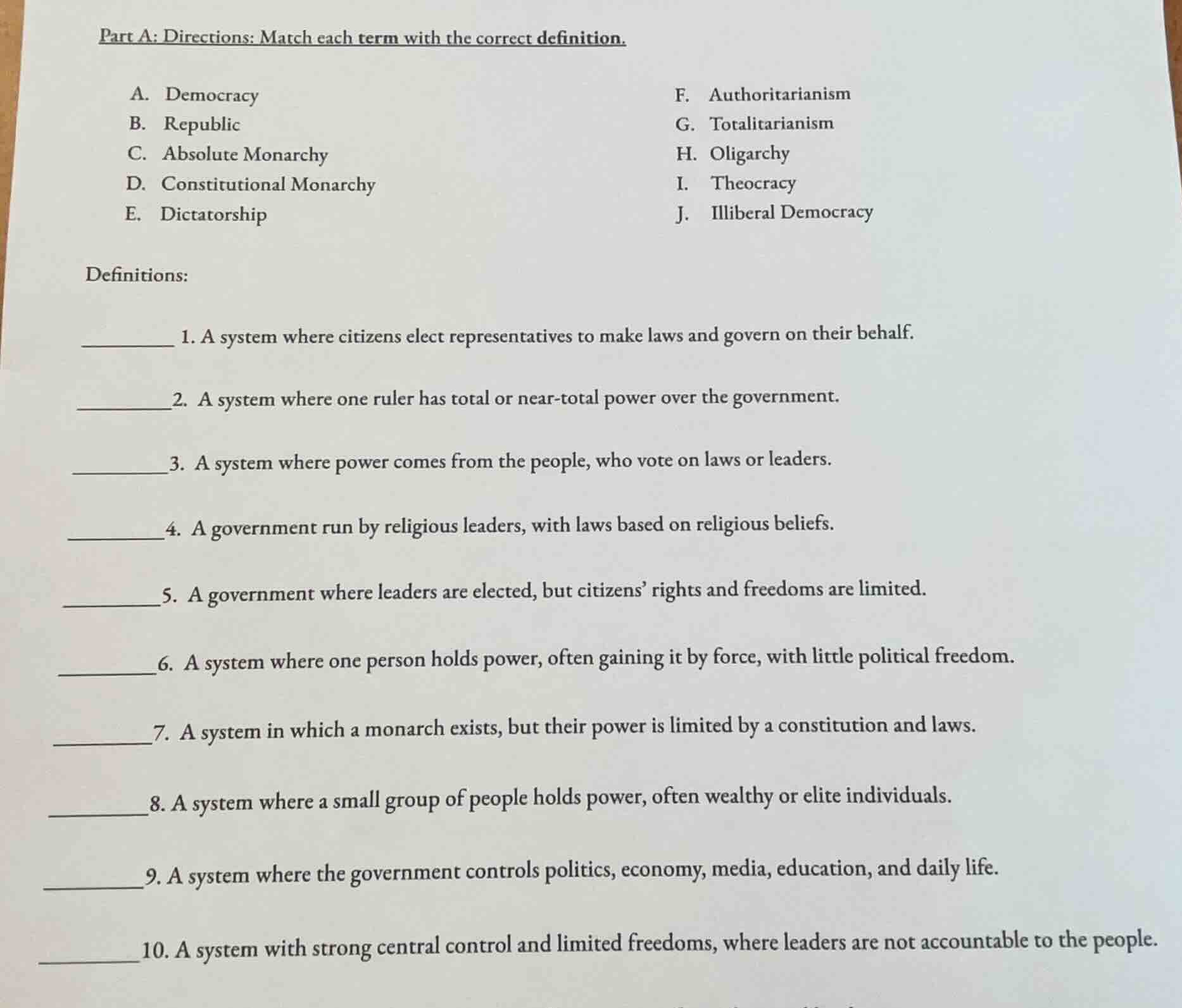part a: directions: match each term with the correct definition. a. dem…