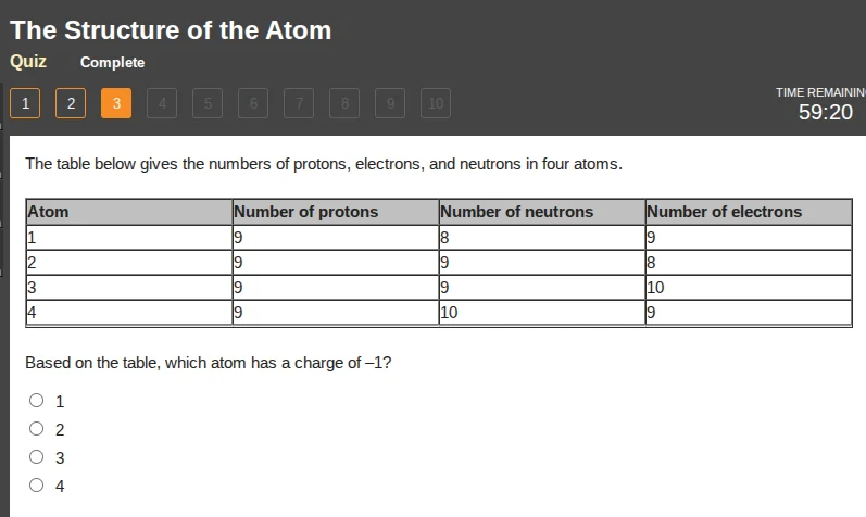 the structure of the atom quiz complete time remainin 59:20 1 2 3 4 5 6…