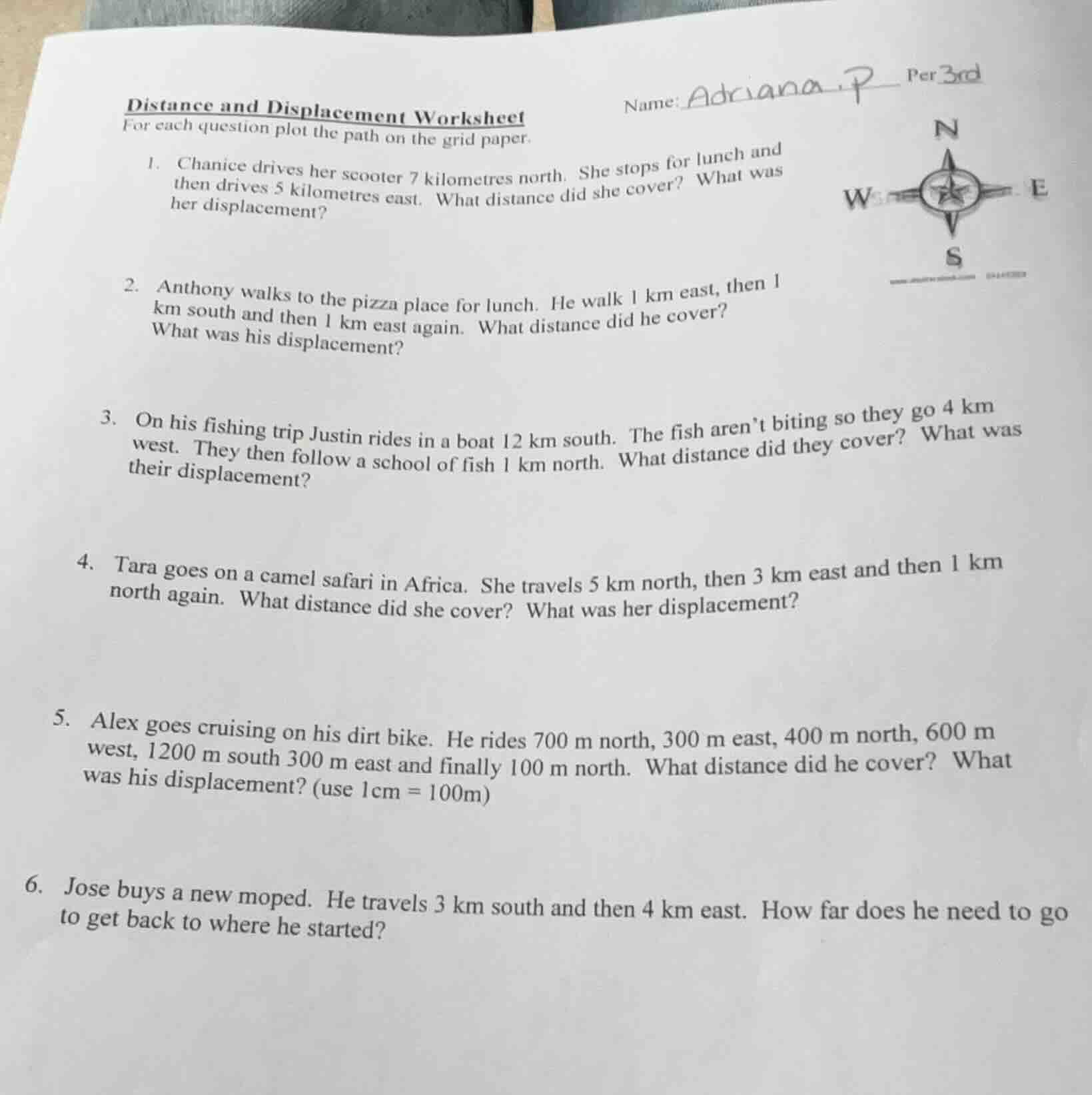 distance and displacement worksheet name: adriana.p per3rd for each que…