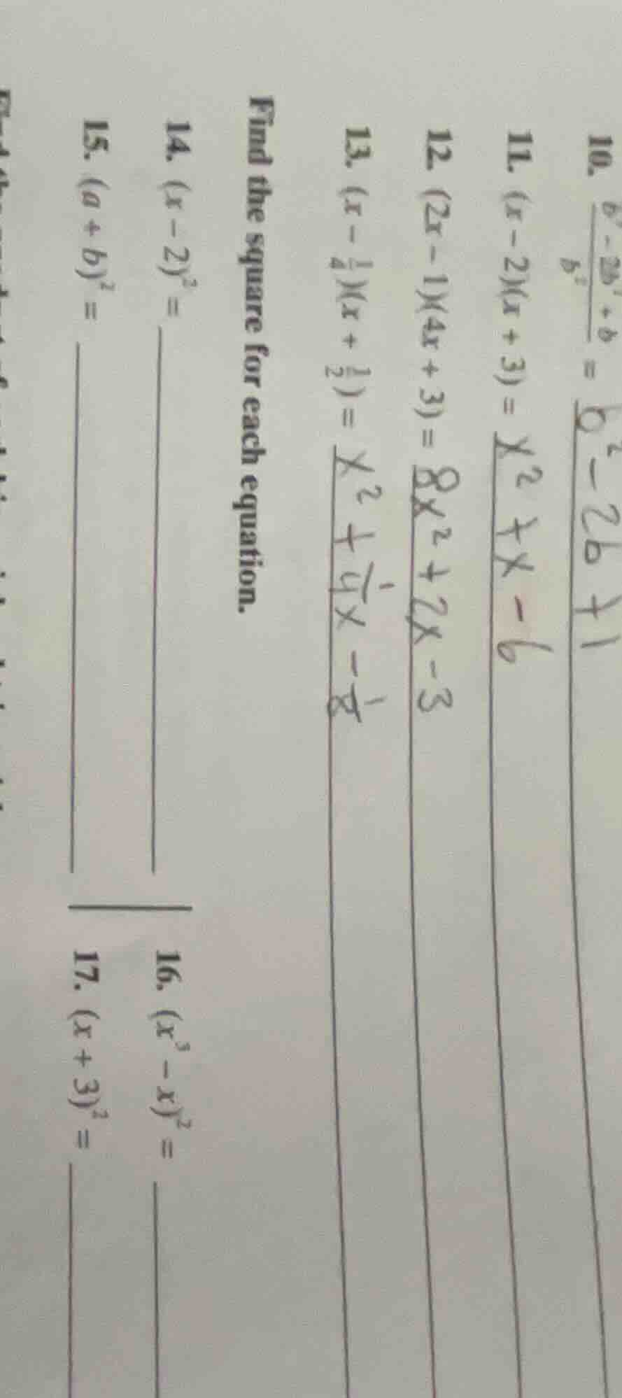 10. $\frac{b^2 - 2b + 1}{b^2} = \frac{b^2 - 2b + 1}{b^2}$ 11. $(x - 2)(…