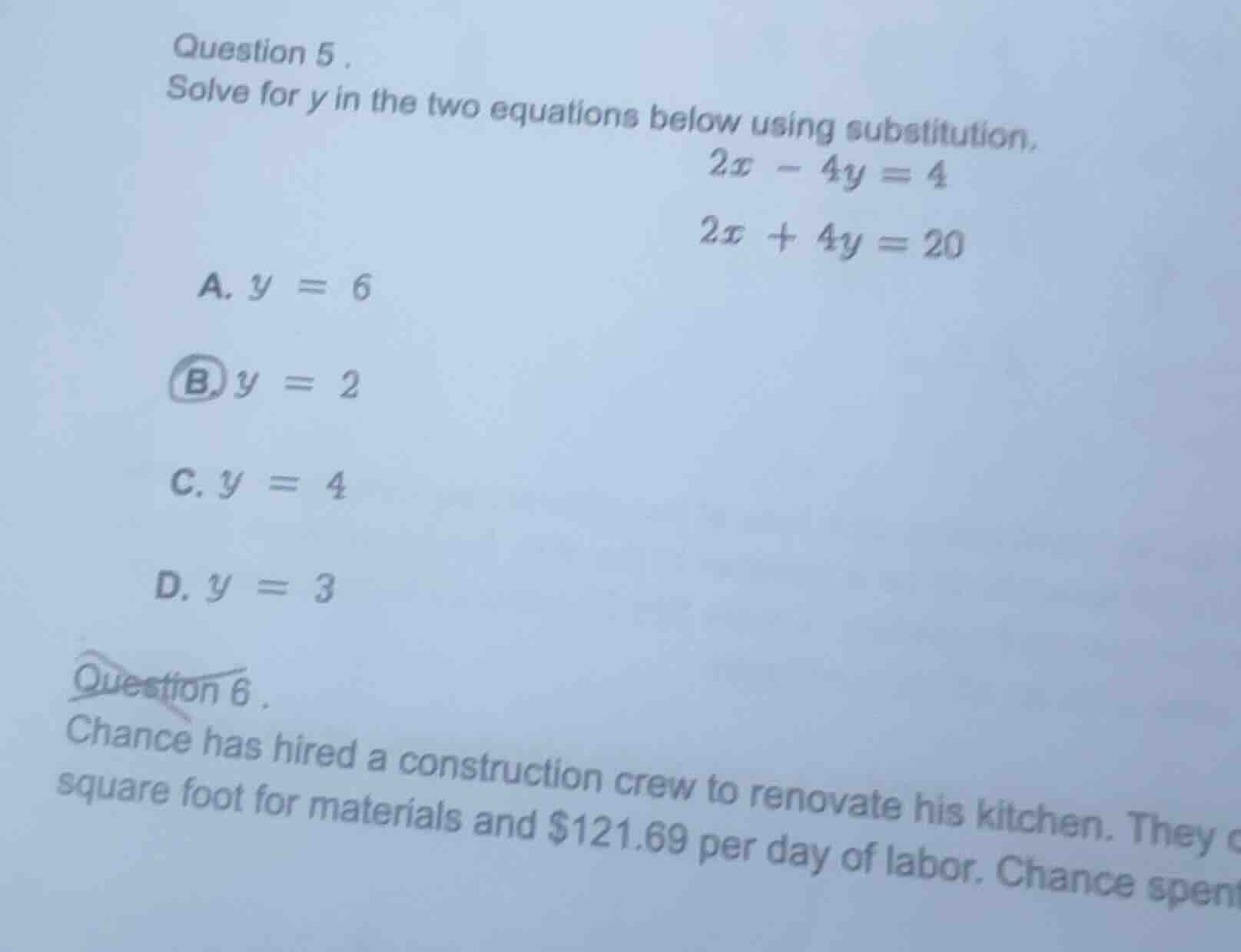 question 5.solve for $y$ in the two equations below using substitution.…
