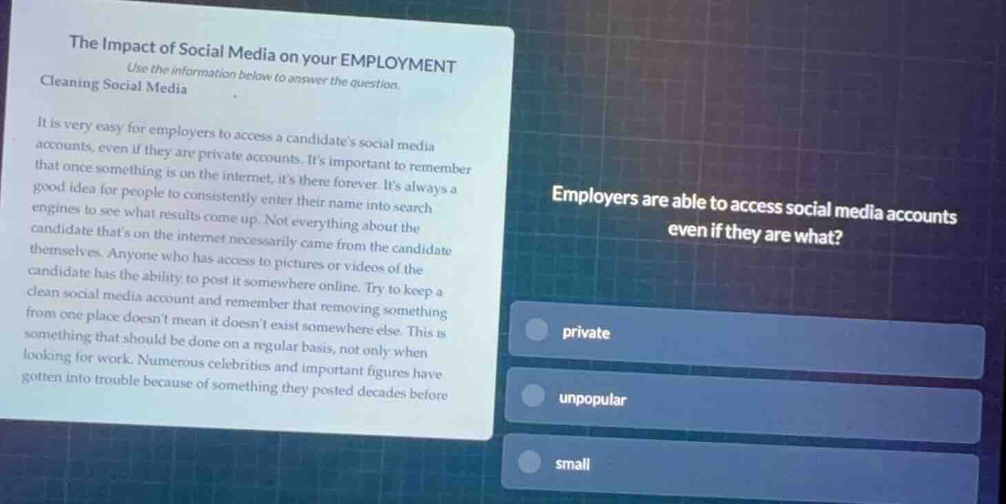 the impact of social media on your employment use the information below…