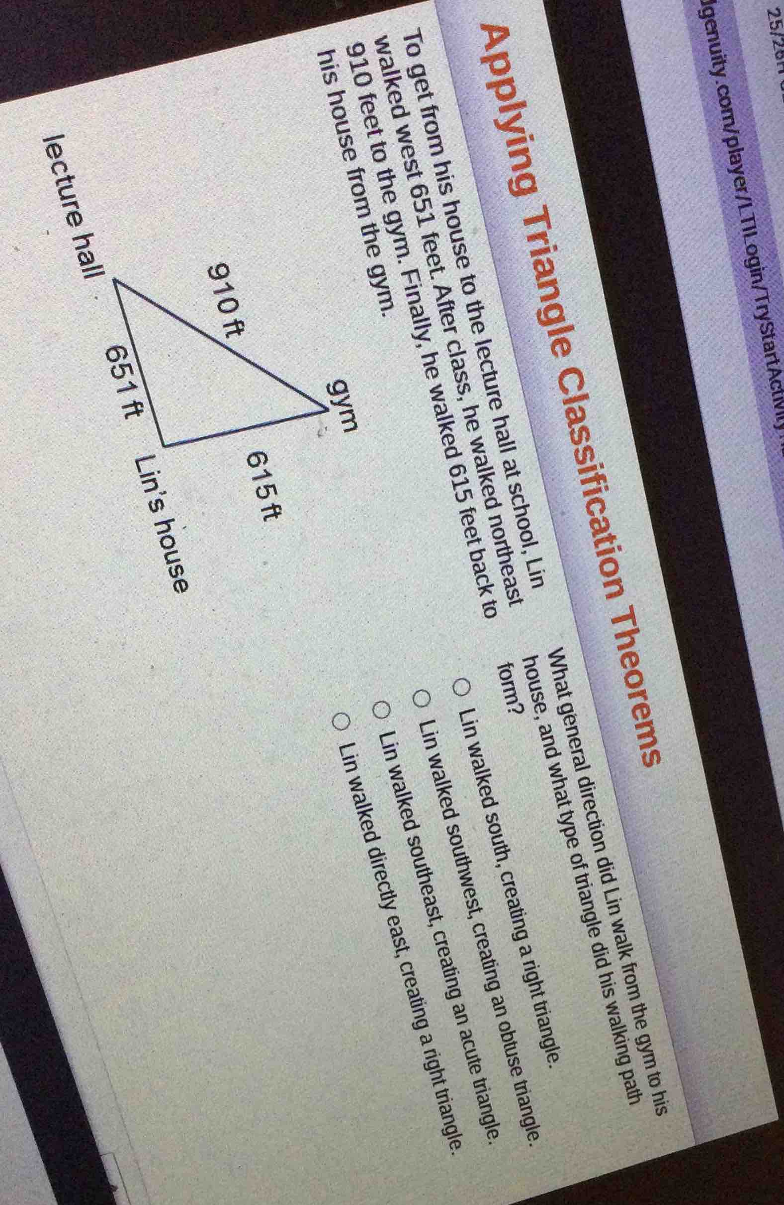 applying triangle classification theorems to get from his house to the …