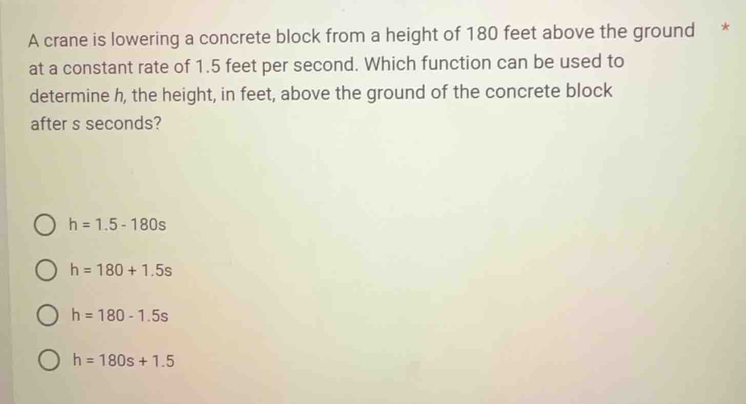 a crane is lowering a concrete block from a height of 180 feet above th…