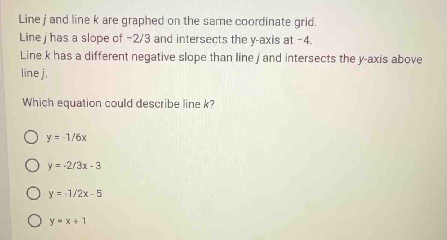 line j and line k are graphed on the same coordinate grid. line j has a…