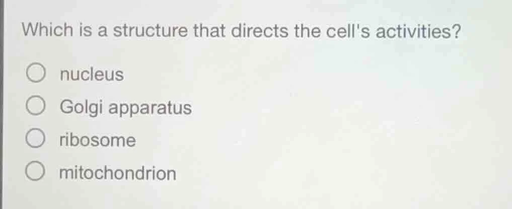 which is a structure that directs the cells activities? ○ nucleus ○ gol…