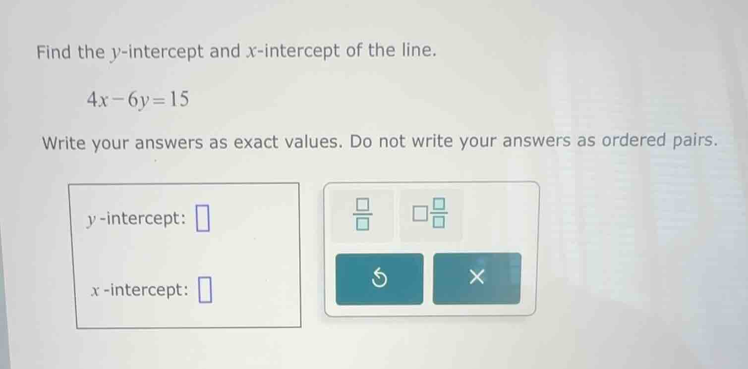 find the $y$-intercept and $x$-intercept of the line. $4x-6y=15$ write …