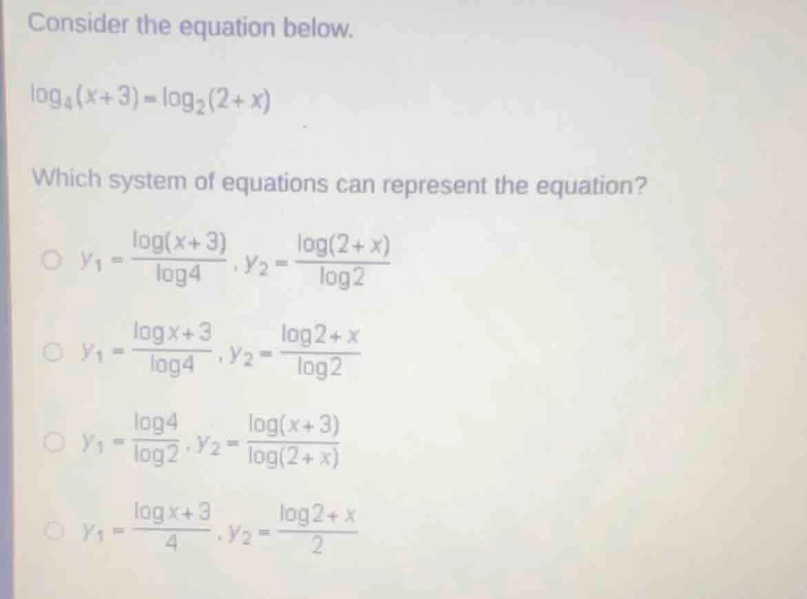 consider the equation below. $log_{4}(x+3) = log_{2}(2+x)$ which system…