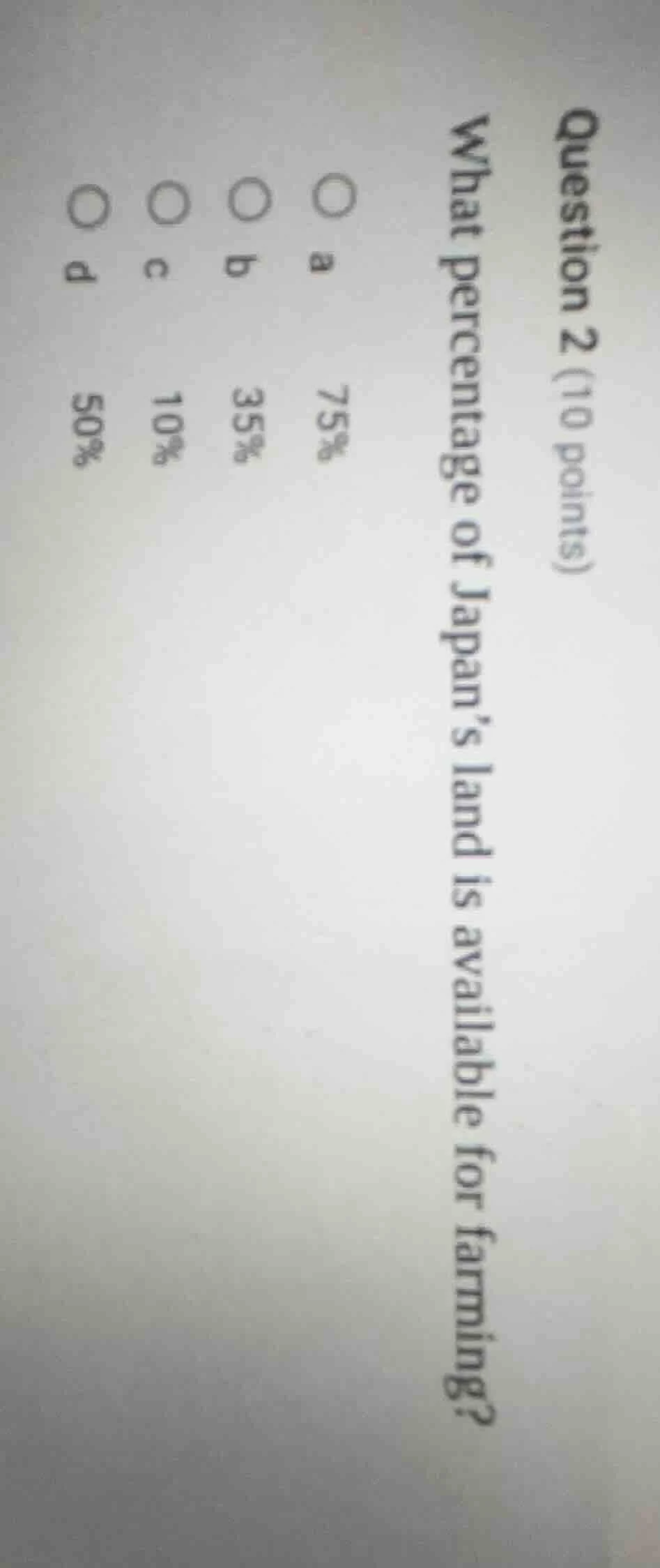 question 2 (10 points) what percentage of japans land is available for …