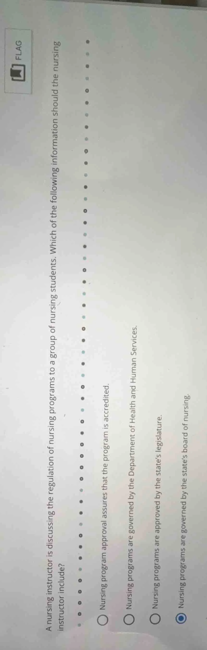 a nursing instructor is discussing the regulation of nursing programs t…