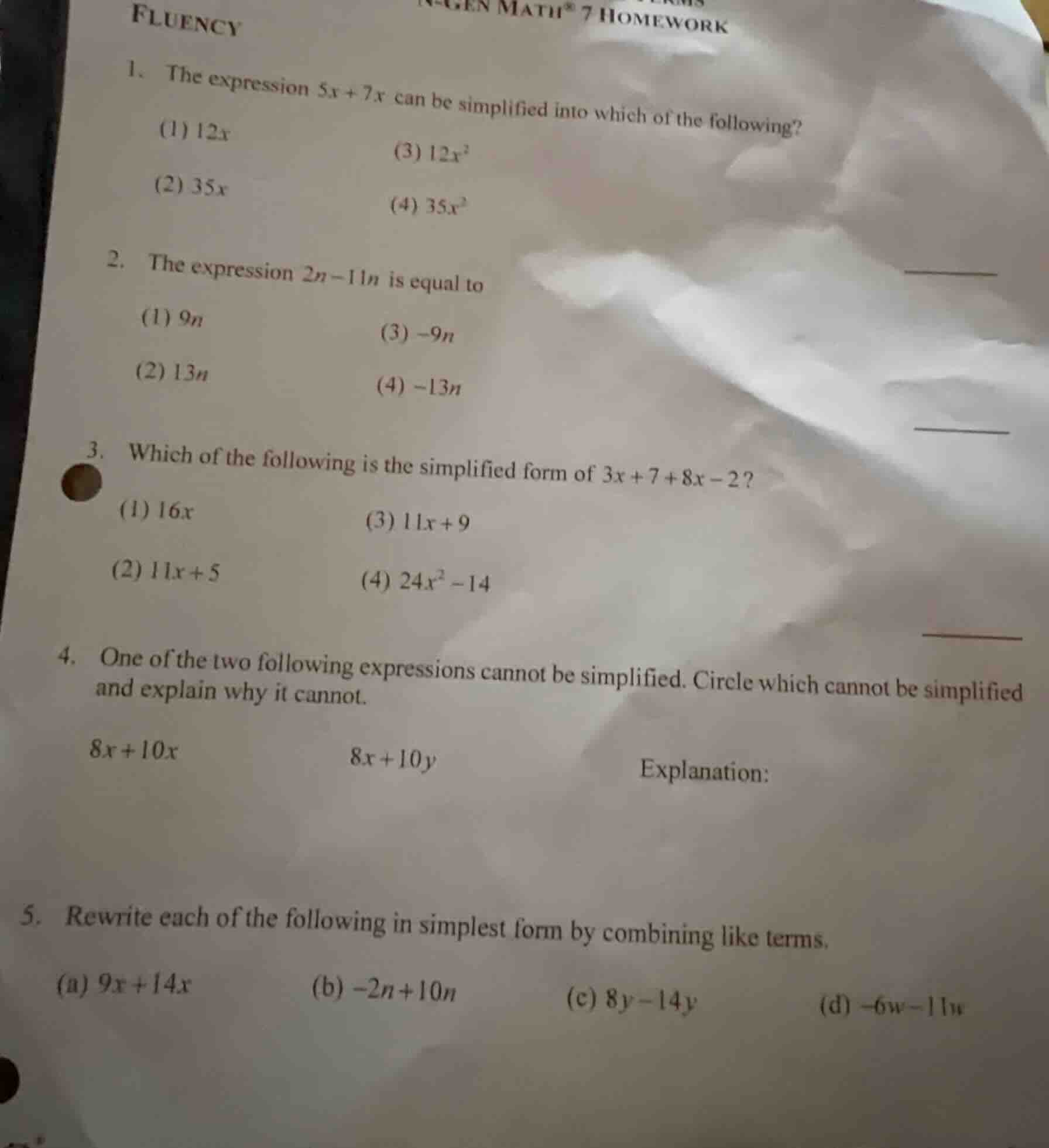 n-gen math® 7 homework fluency 1. the expression $5x + 7x$ can be simpl…