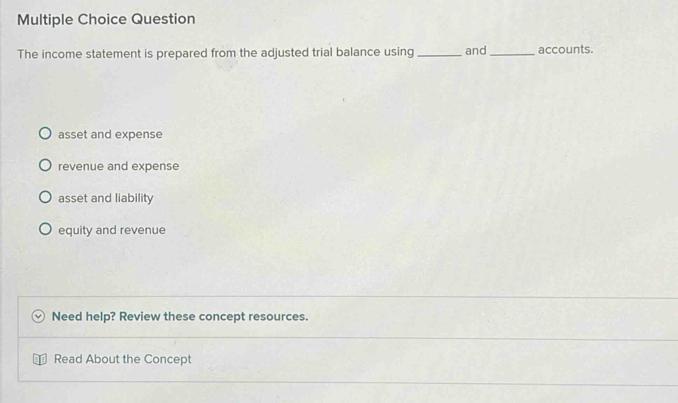 multiple choice question the income statement is prepared from the adju…