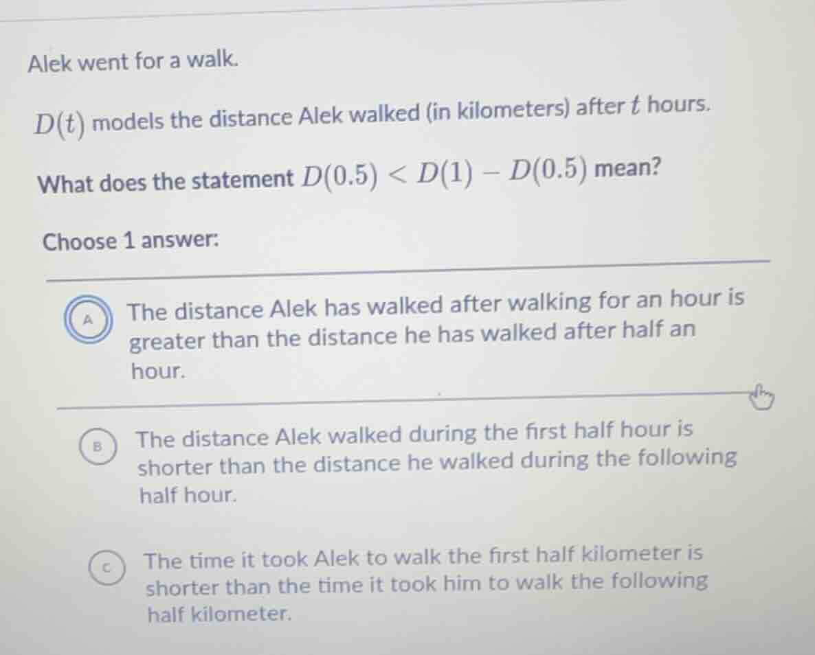 alek went for a walk. $d(t)$ models the distance alek walked (in kilome…