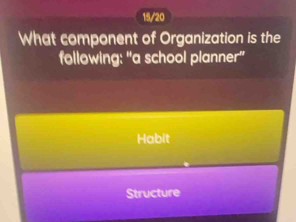 15/20 what component of organization is the following: \a school planne…