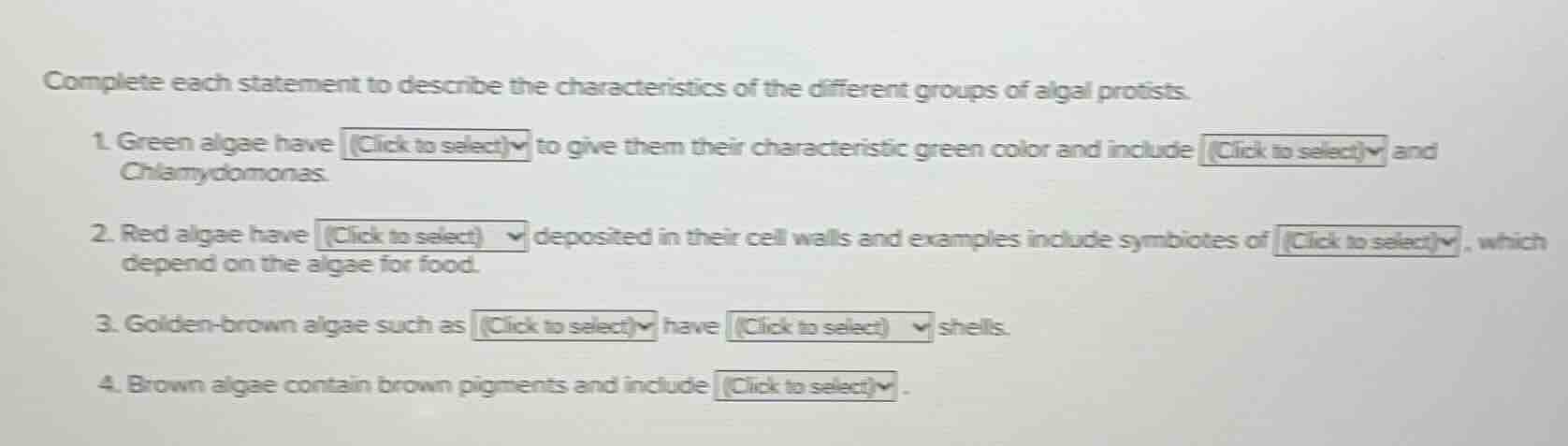 complete each statement to describe the characteristics of the differen…