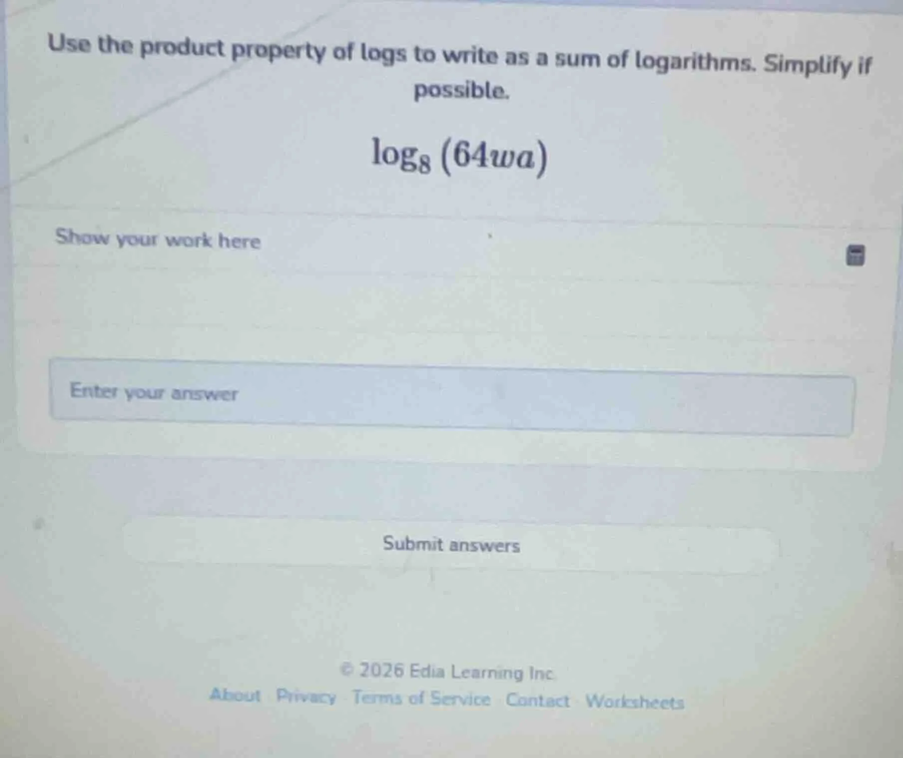 use the product property of logs to write as a sum of logarithms. simpl…