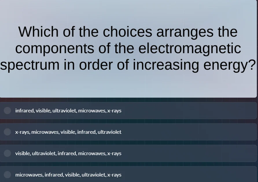 which of the choices arranges the components of the electromagnetic spe…