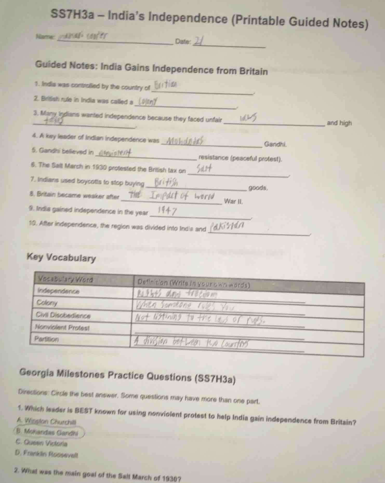 ss7h3a – indias independence (printable guided notes)name: date: guided…