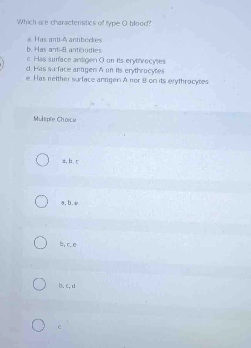 which are characteristics of type o blood? a. has anti-a antibodies b. …