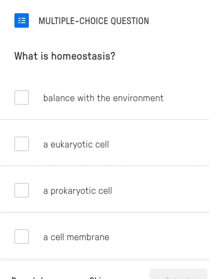 multiple-choice question what is homeostasis? balance with the environm…