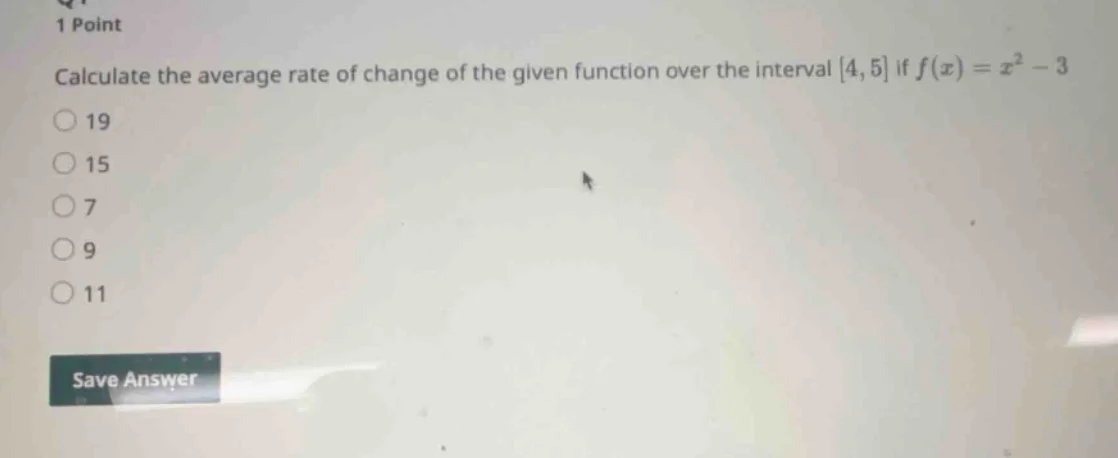 1 point calculate the average rate of change of the given function over…