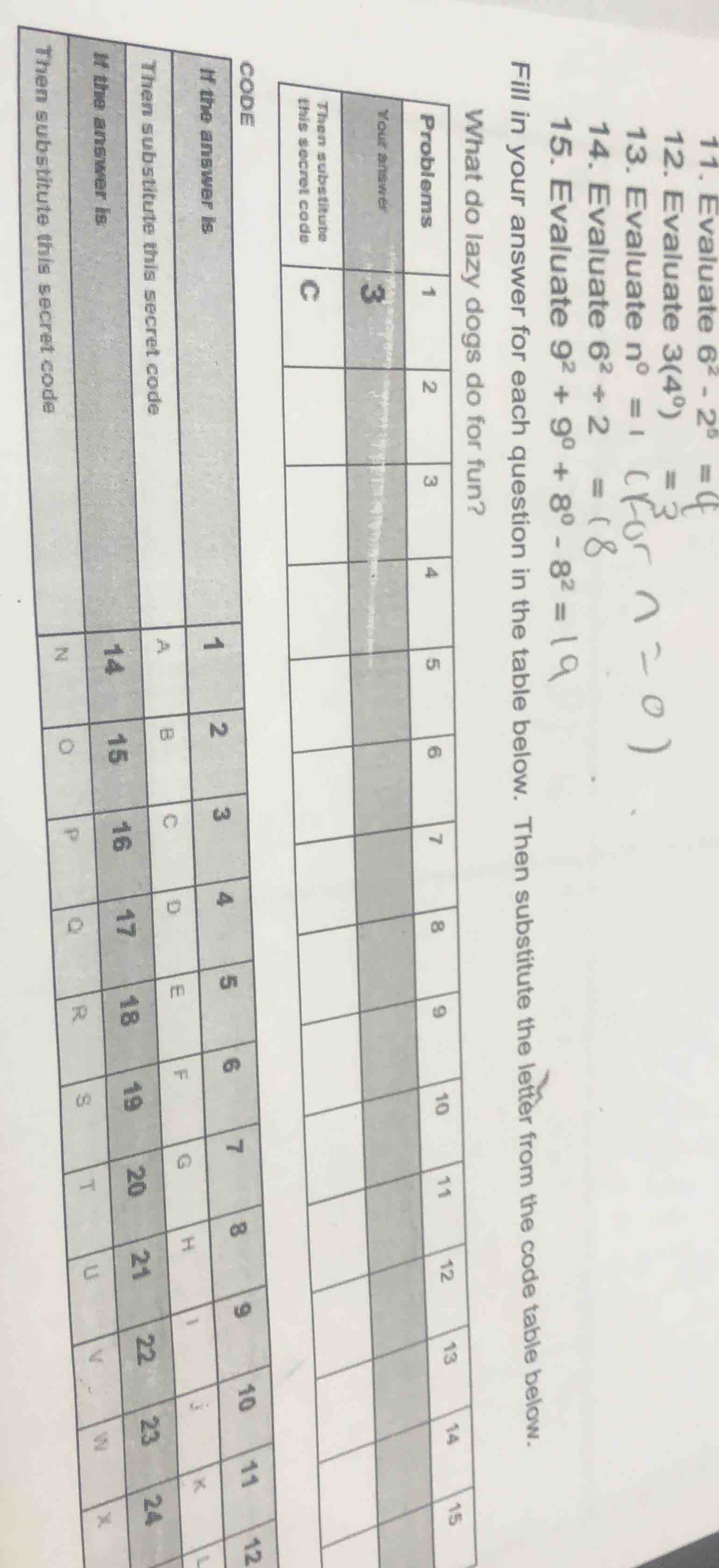 11. evaluate $6^{2}-2^{5}$12. evaluate $3(4^{0})$13. evaluate $n^{0}=1$…
