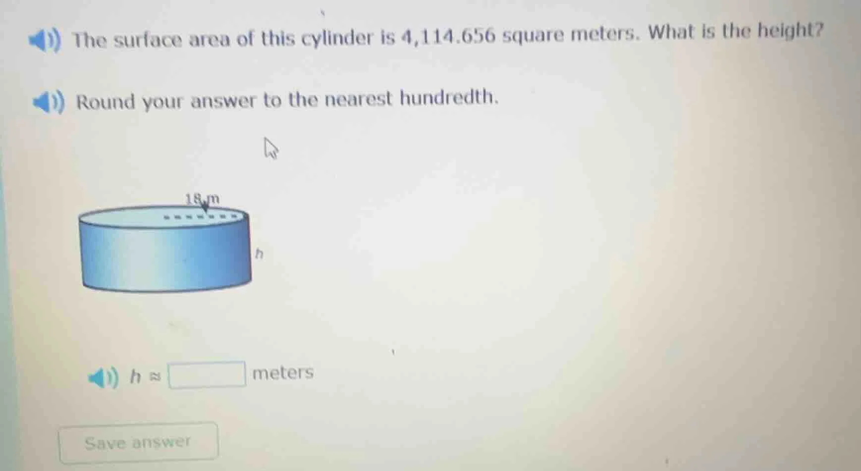 the surface area of this cylinder is 4,114.656 square meters. what is t…