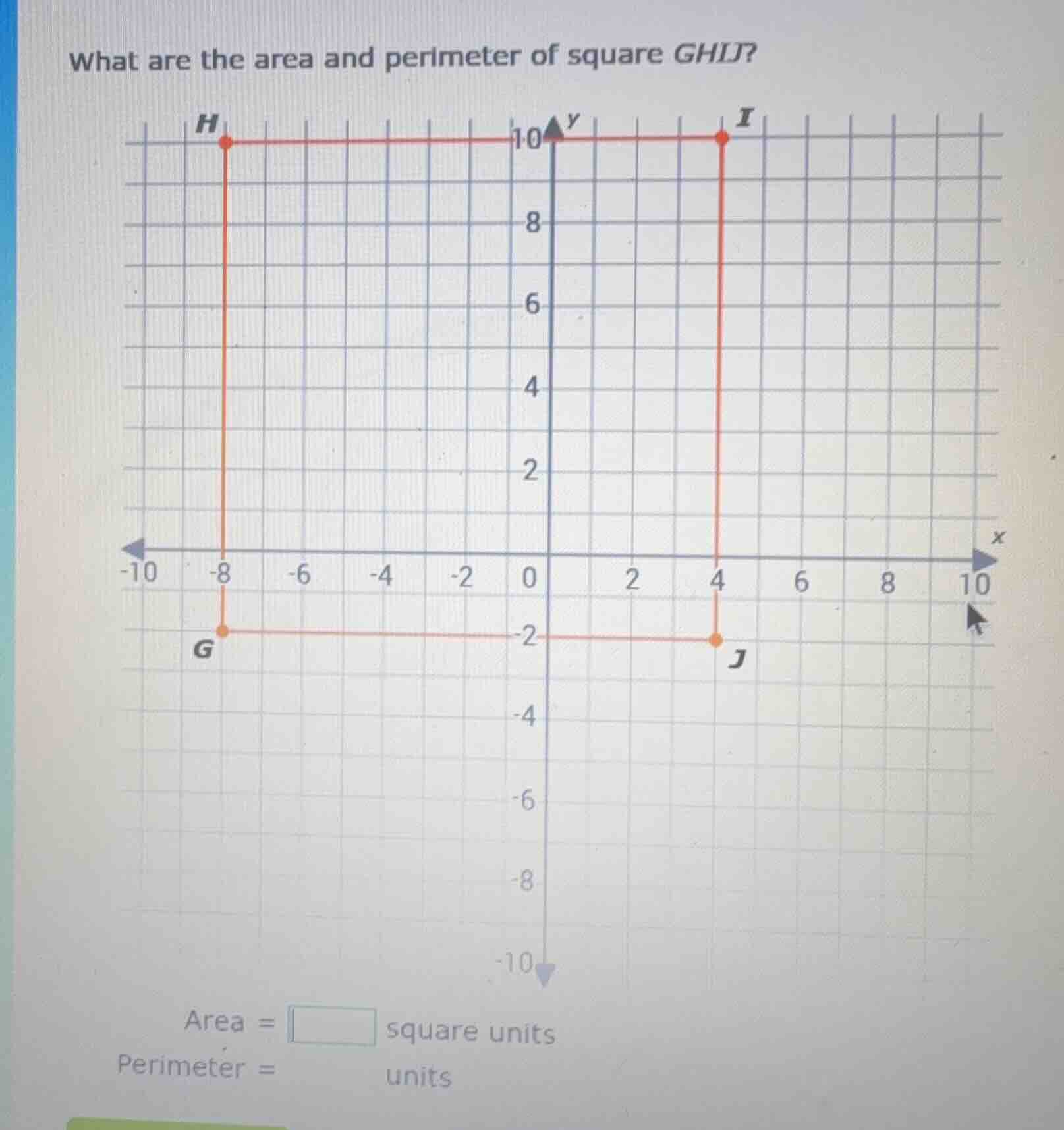 what are the area and perimeter of square ghij? area = $square$ square …