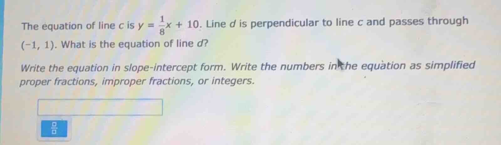 the equation of line c is $y = \\frac{1}{8}x + 10$. line d is perpendic…
