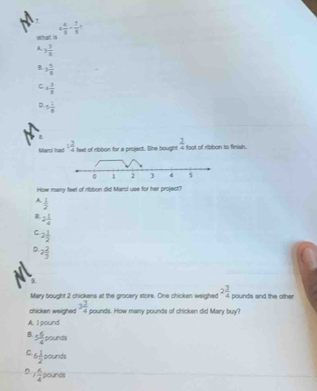 7. what is $4\\frac{4}{8}-\\frac{7}{8}$? a. $3\\frac{3}{8}$ b. $3\\frac…