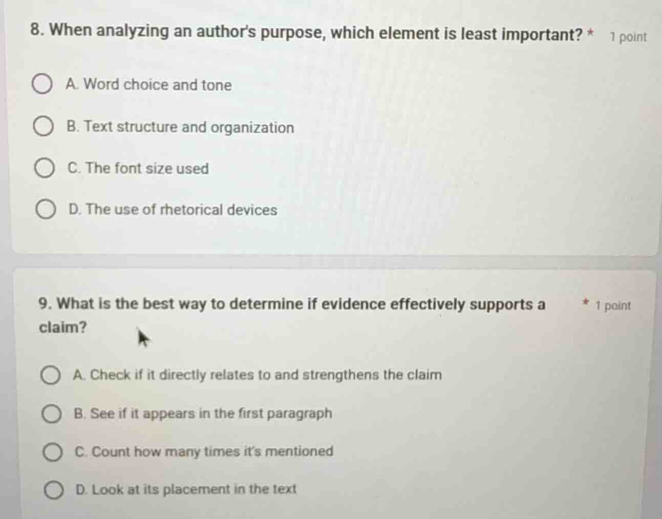 8. when analyzing an authors purpose, which element is least important?…