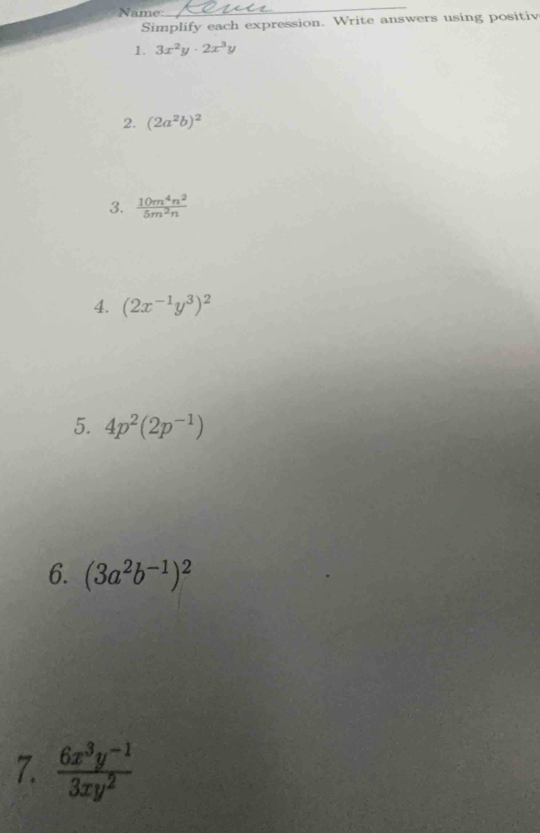 name:simplify each expression. write answers using positive1. $3x^{2}y …