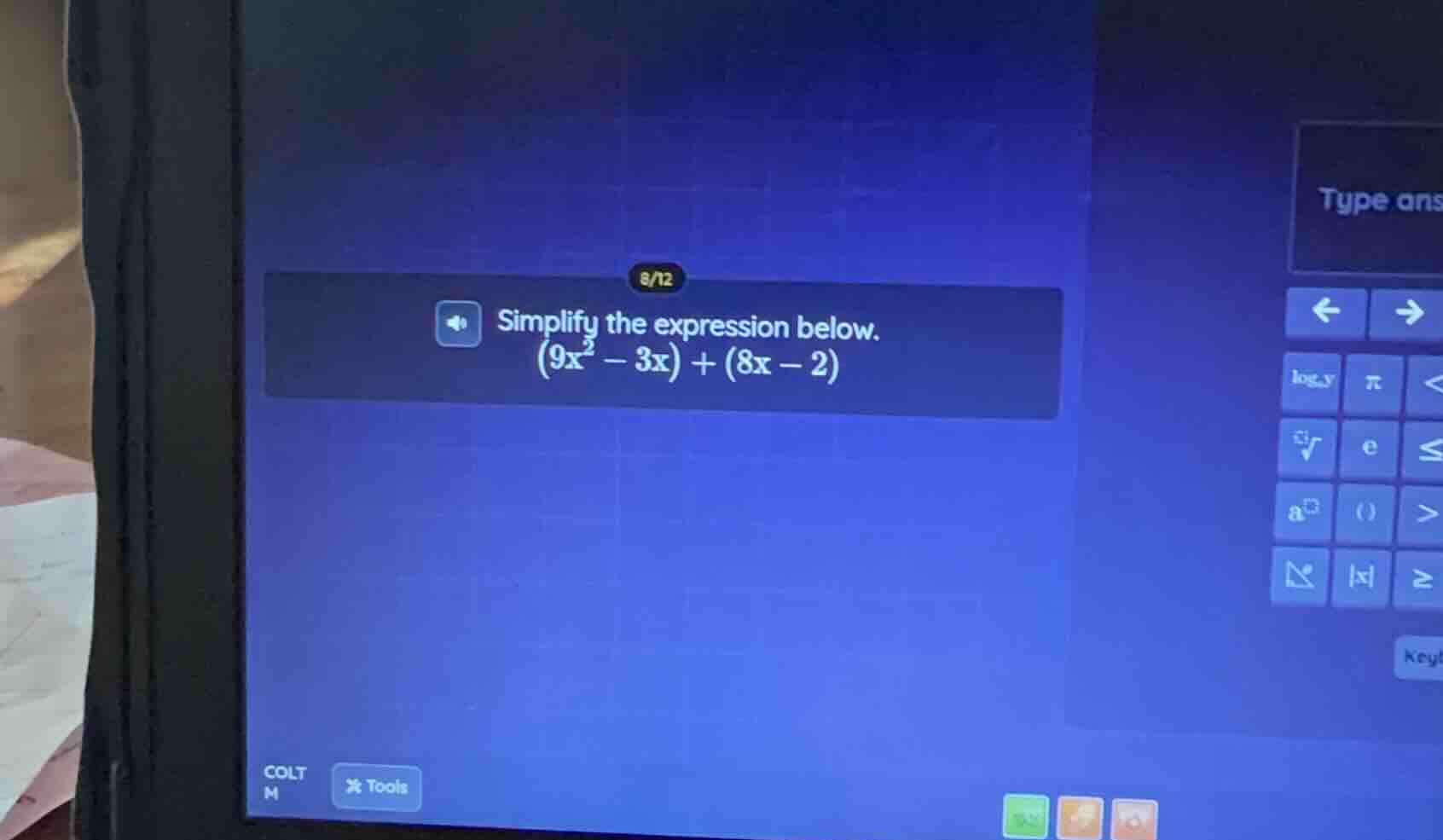 8/12 simplify the expression below. $(9x^{2}-3x)+(8x-2)$