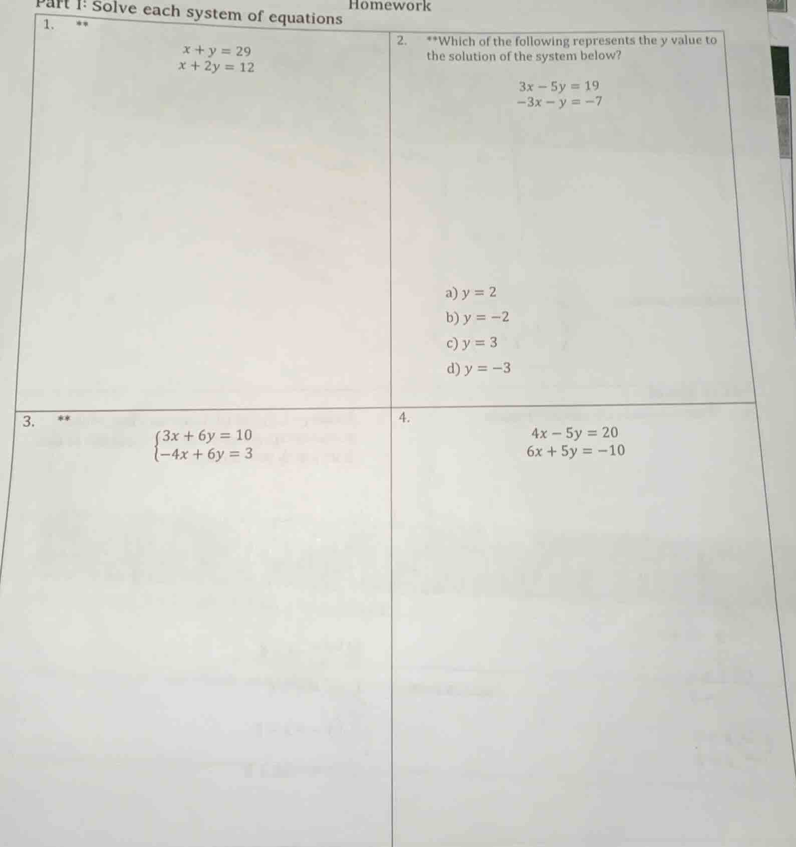 homework part i: solve each system of equations 1. ** $x + y = 29$ $x +…