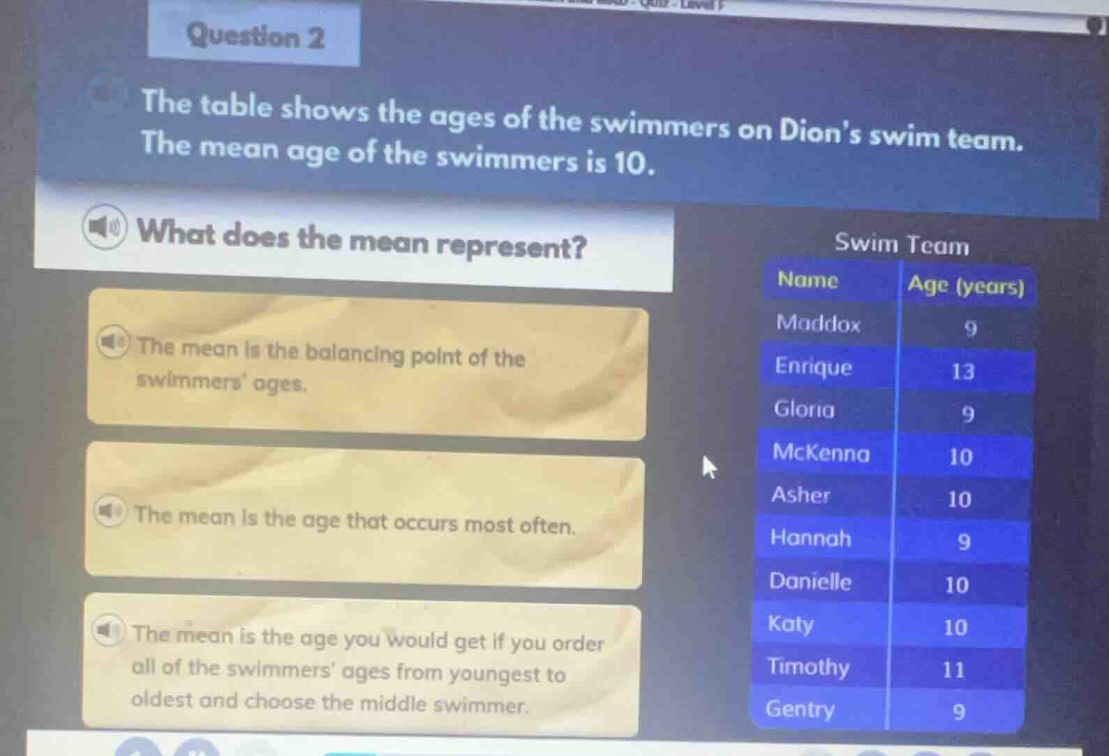 question 2 the table shows the ages of the swimmers on dions swim team.…