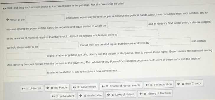 click and drag each answer choice to its correct place in the passage. …
