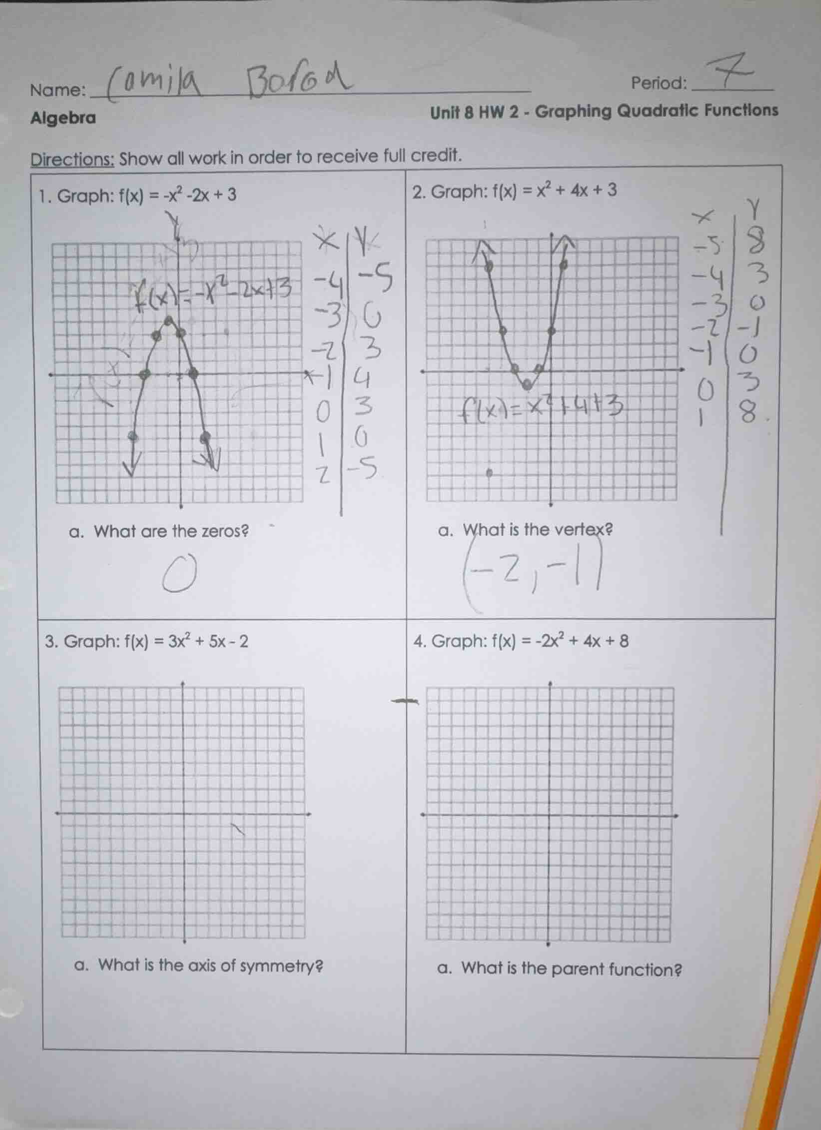 name: camila boroaperiod: 7algebraunit 8 hw 2 - graphing quadratic func…