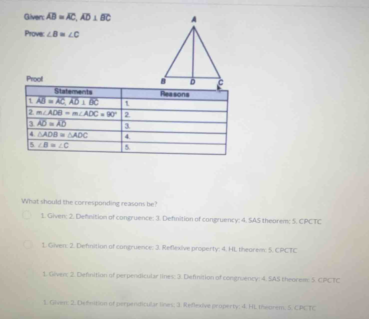 given: $overline{ab} cong overline{ac}$, $overline{ad} perp overline{bc…
