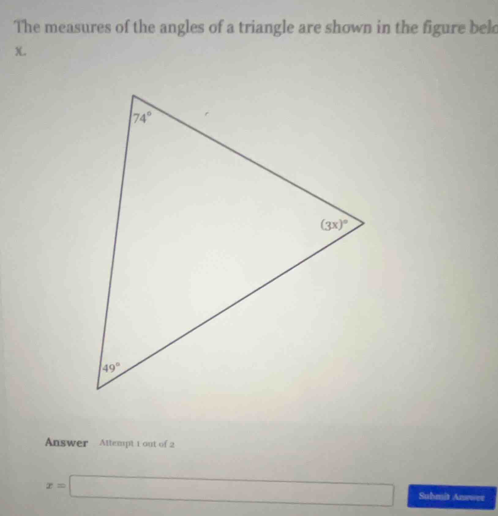 the measures of the angles of a triangle are shown in the figure belo x…