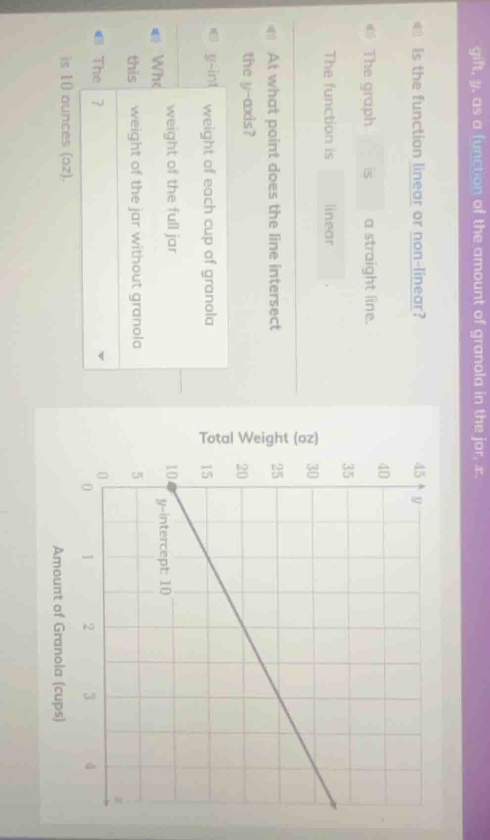 gift, y, as a function of the amount of granola in the jar, x.1. is the…