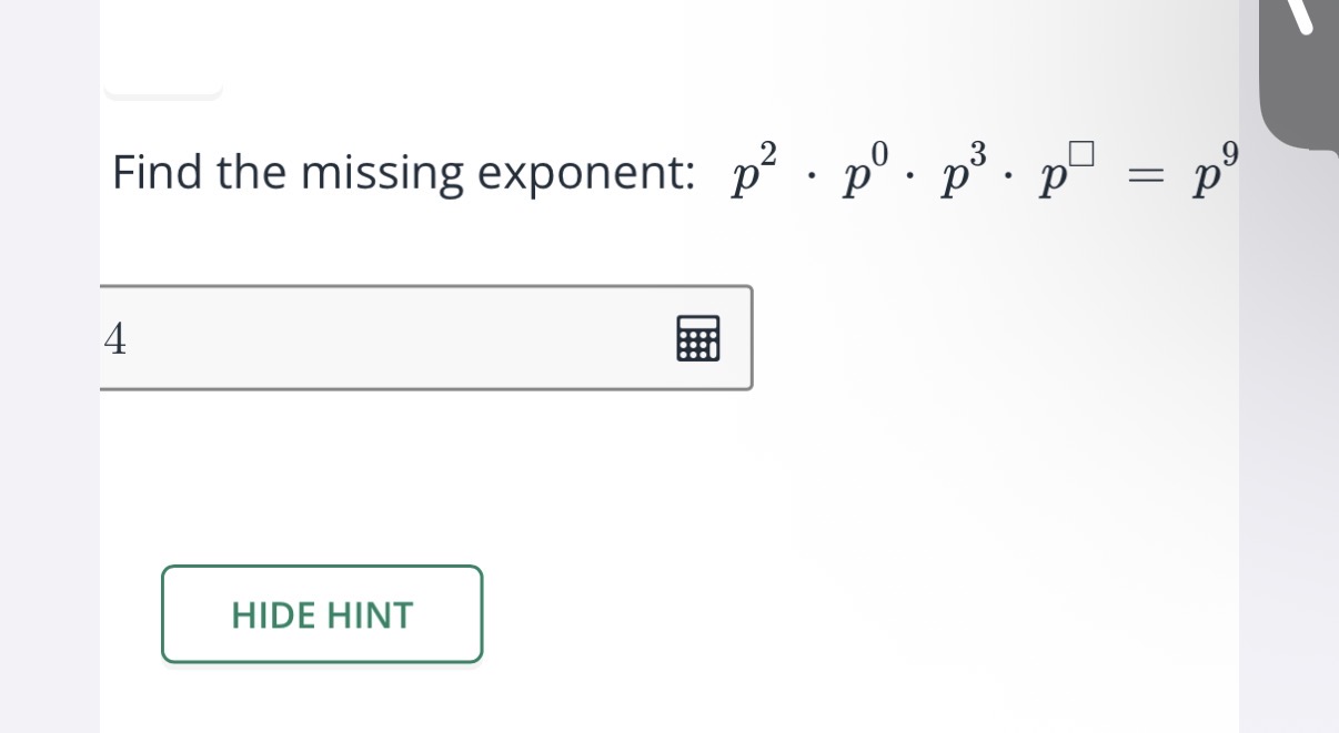 find the missing exponent: $p^{2} \\cdot p^{0} \\cdot p^{3} \\cdot p^{\…