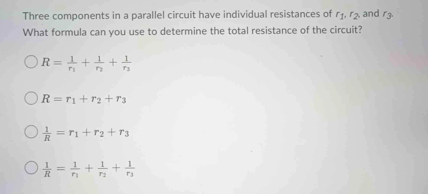 three components in a parallel circuit have individual resistances of $…