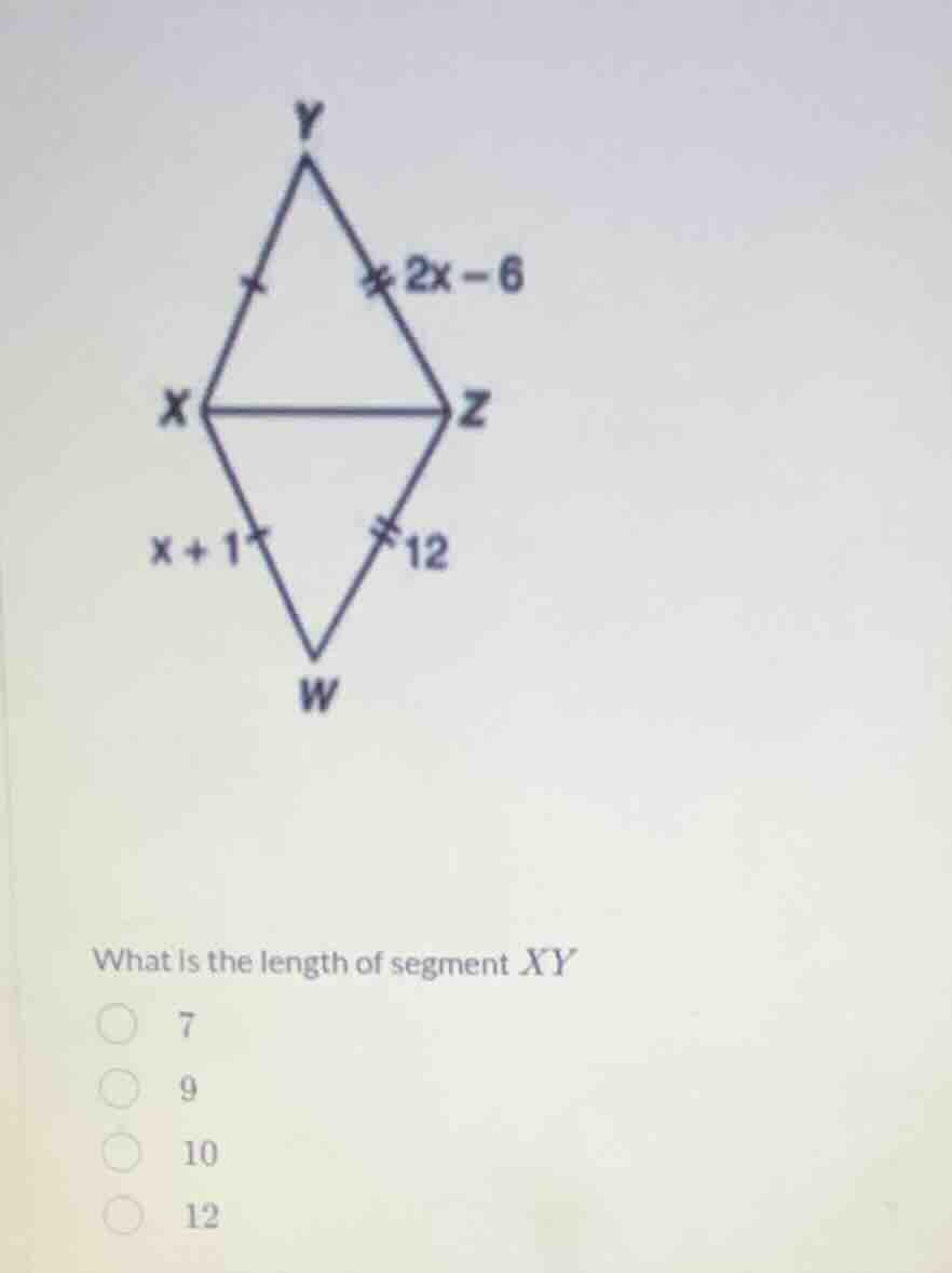 what is the length of segment $xy$? 7 9 10 12 the figure shows a quadri…