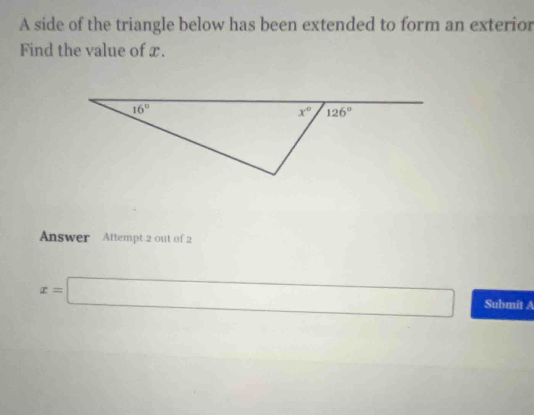 a side of the triangle below has been extended to form an exterior find…