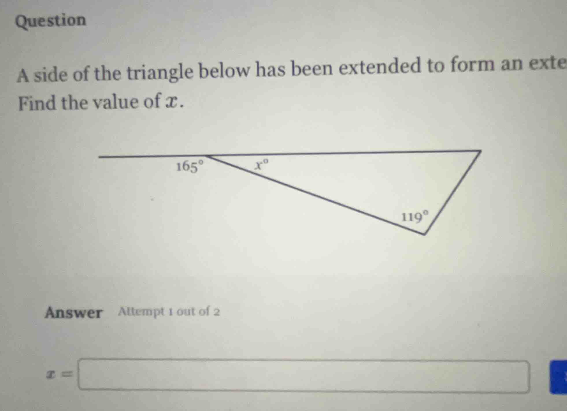 question a side of the triangle below has been extended to form an exte…