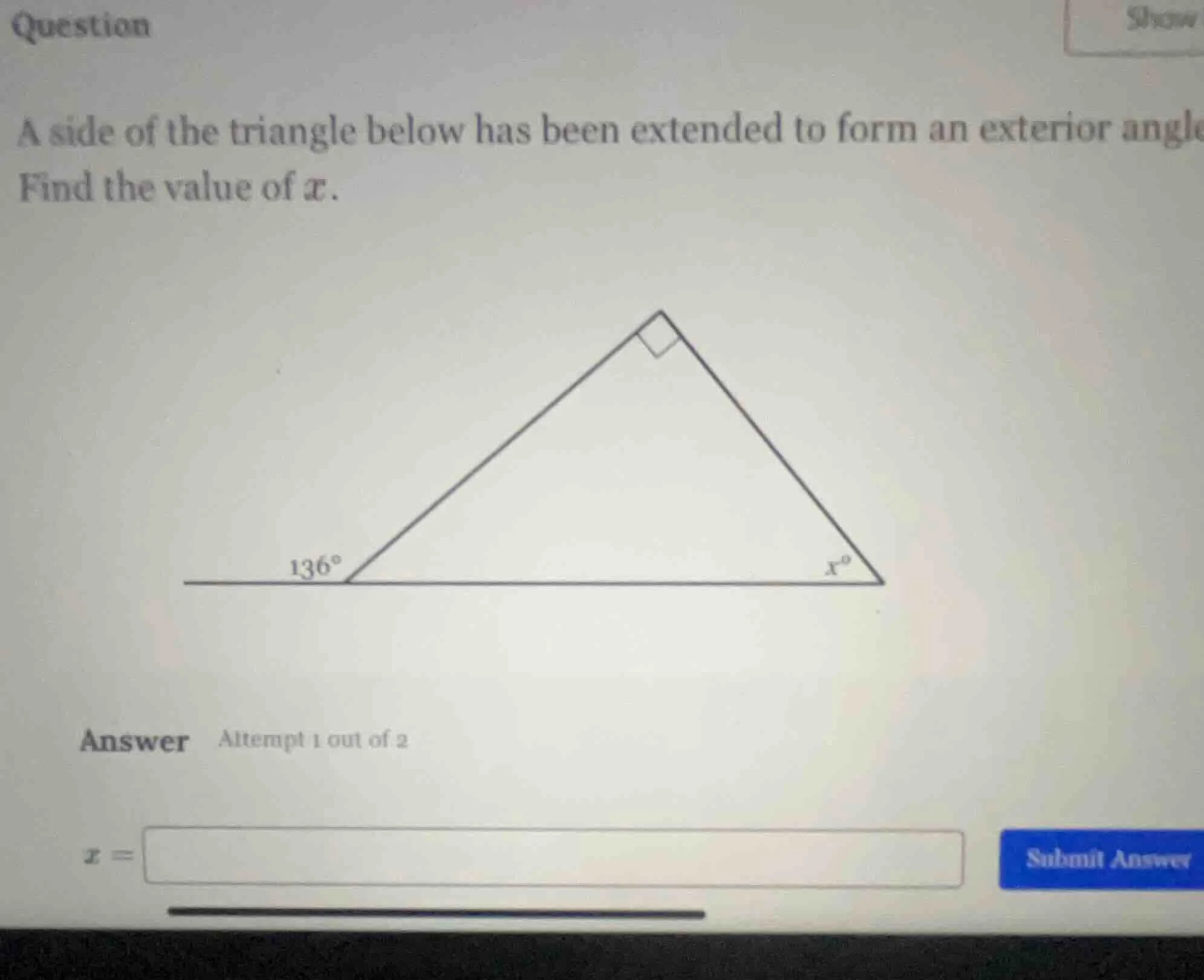 question a side of the triangle below has been extended to form an exte…