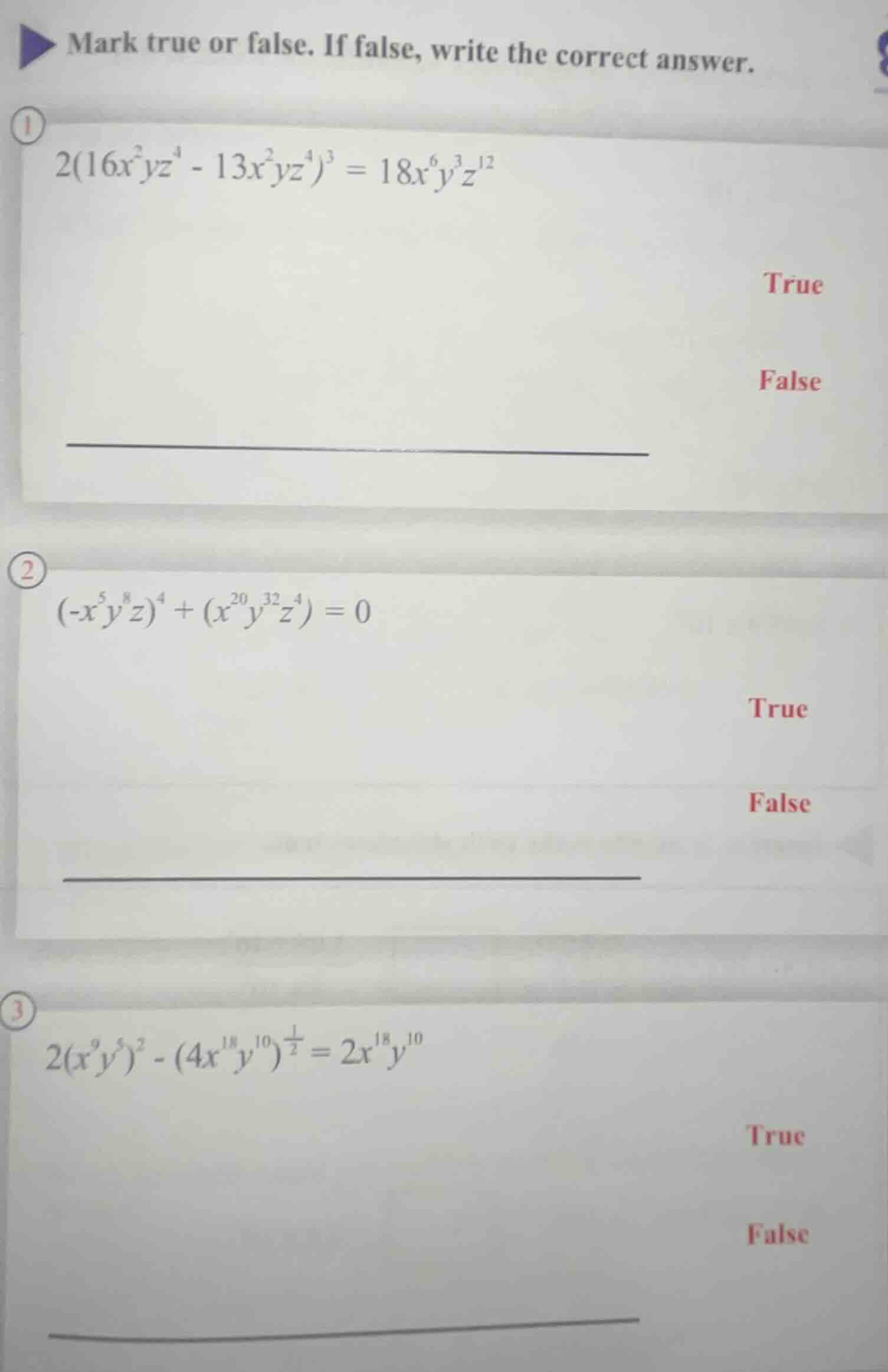 mark true or false. if false, write the correct answer. 1. $2(16x^{2}yz…