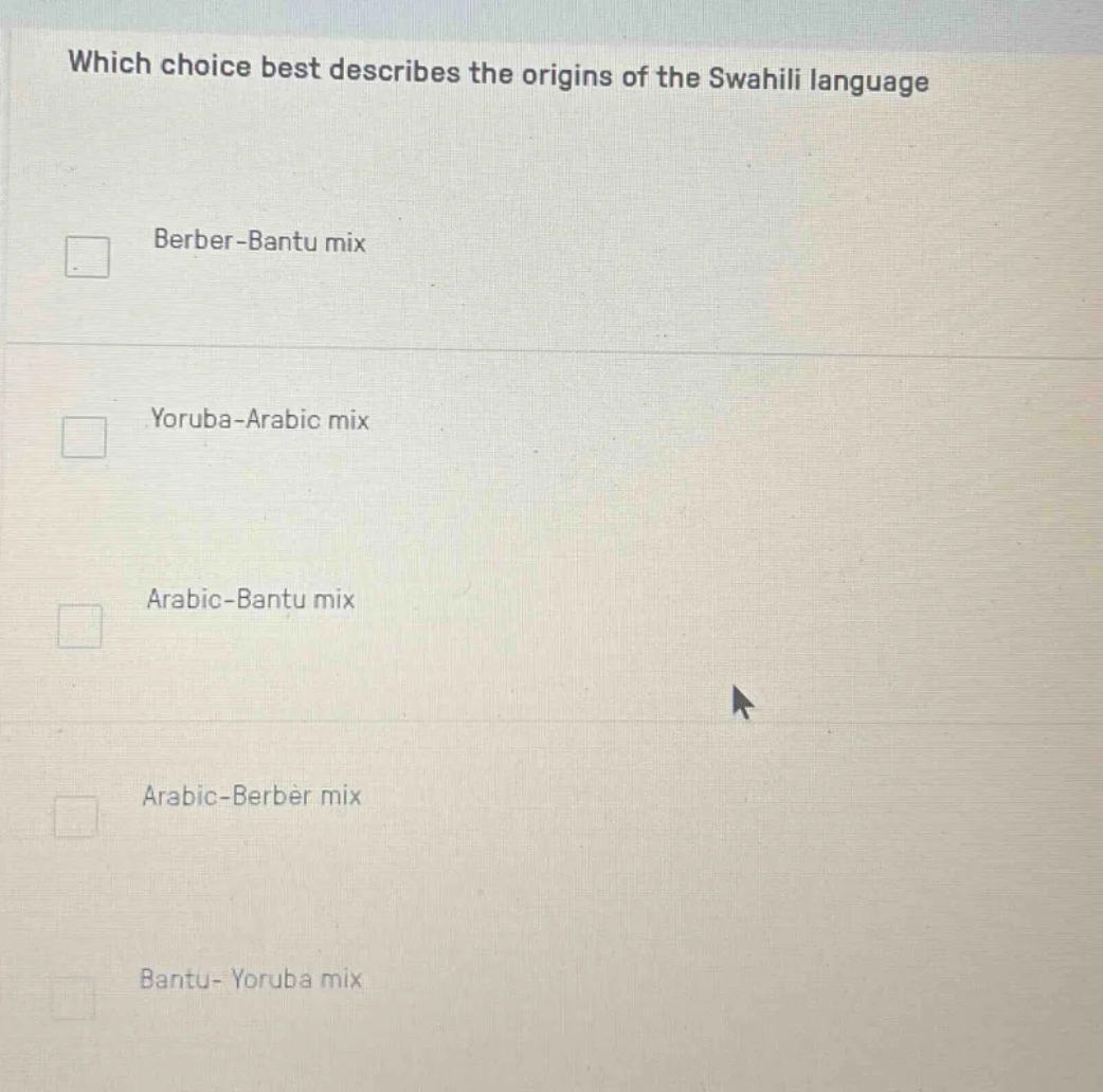 which choice best describes the origins of the swahili language berber-…